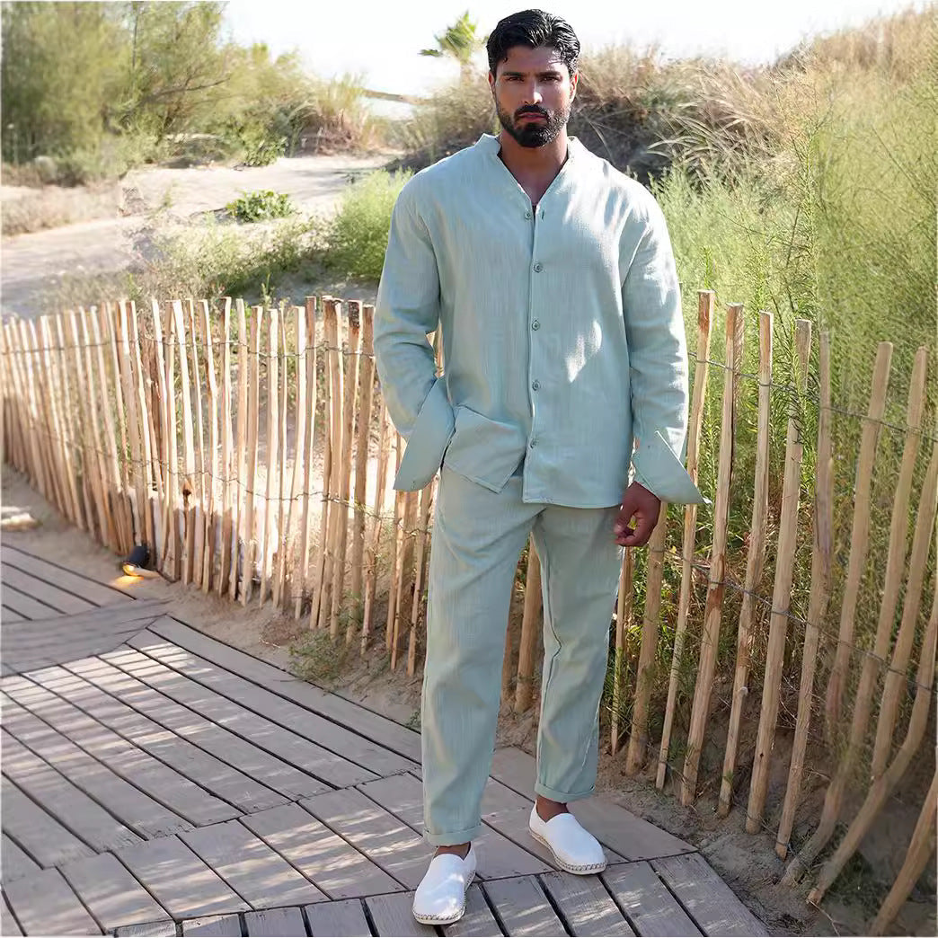 Herren Leinenbluse Modern mit Halbkragen und Hosenset