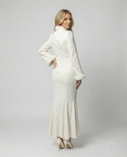 Chinesisch Kleid Damen Modern mit Stehkragen und Pelzbesatz