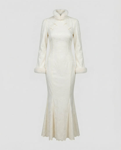 Chinesisch Kleid Damen Modern mit Stehkragen und Pelzbesatz