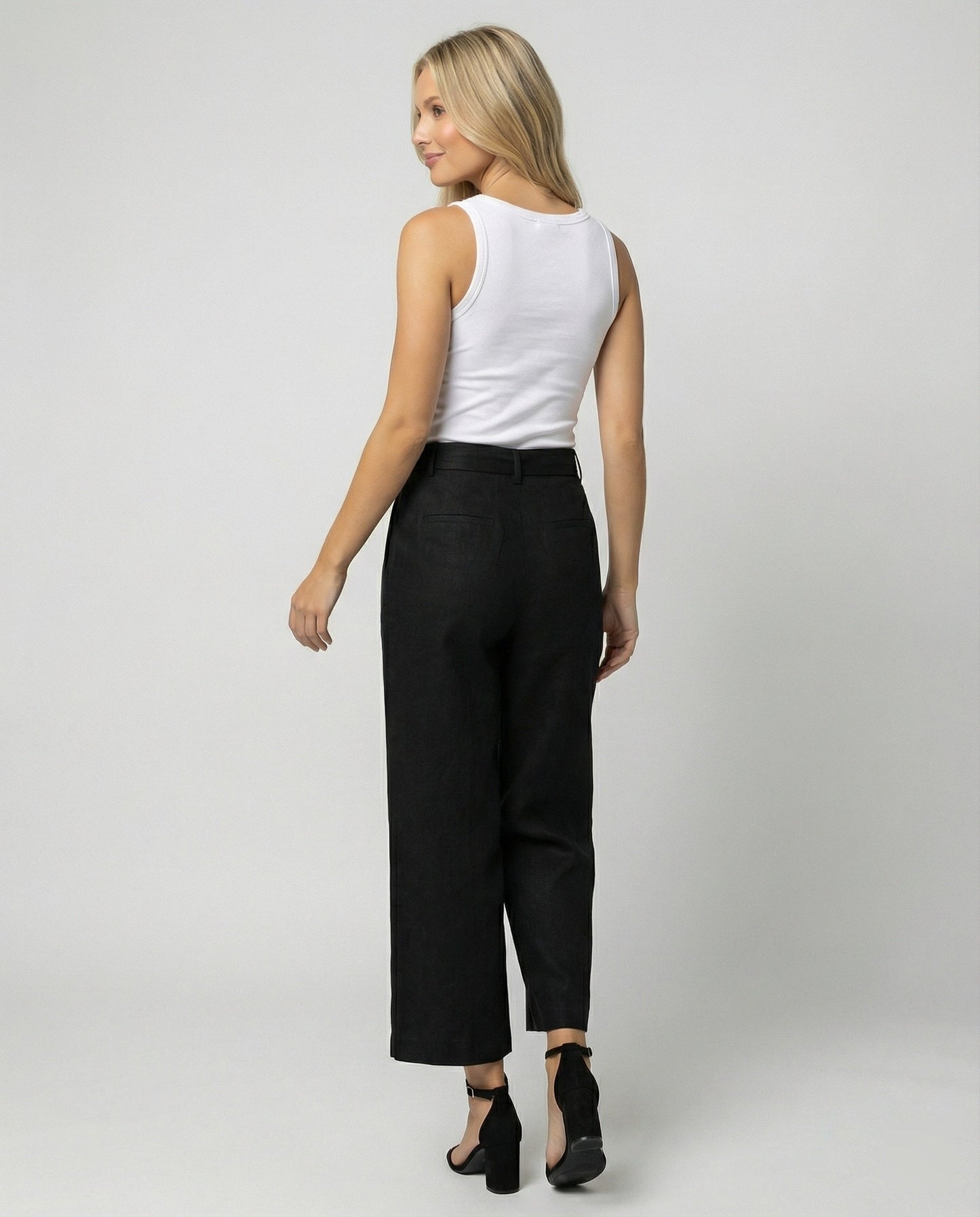Damen Leinenhose High Waist Schwarz Weite Bein Casual