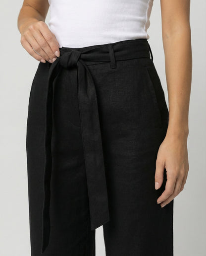 Damen Leinenhose High Waist Schwarz Weite Bein Casual