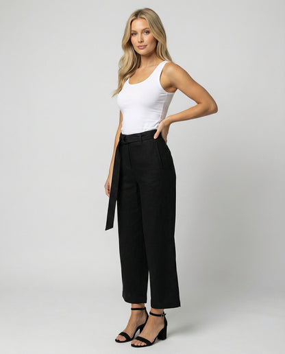 Damen Leinenhose High Waist Schwarz Weite Bein Casual