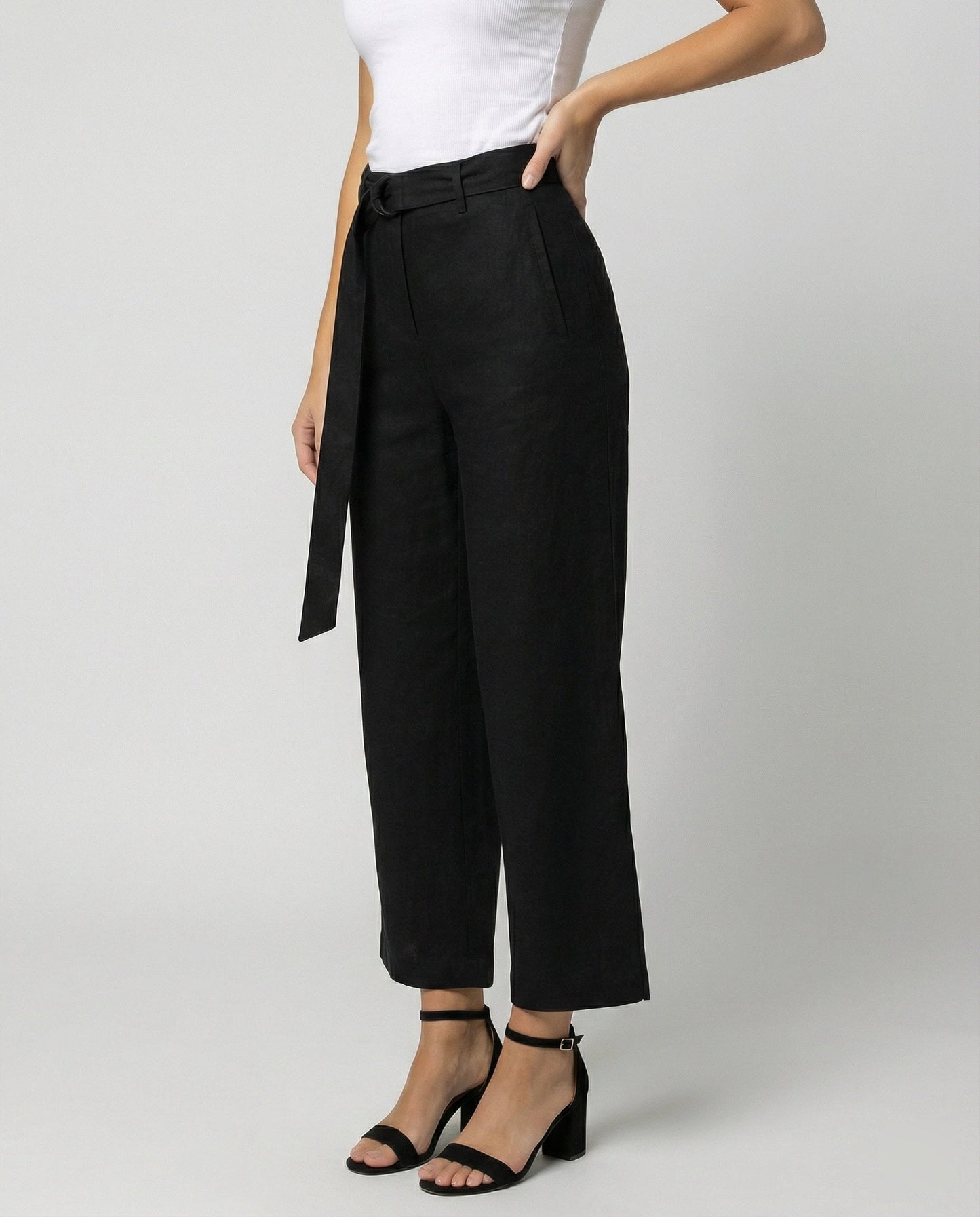 Damen Leinenhose High Waist Schwarz Weite Bein Casual - BerlinGlamour