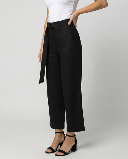 Damen Leinenhose High Waist Schwarz Weite Bein Casual - BerlinGlamour
