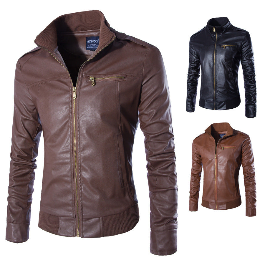 Herren Lederjacke Modern mit Reißverschluss und Stehkragen