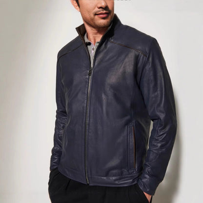Lederjacke Herren Modern Stehkragen Schwarz Ledermantel - BerlinGlamour