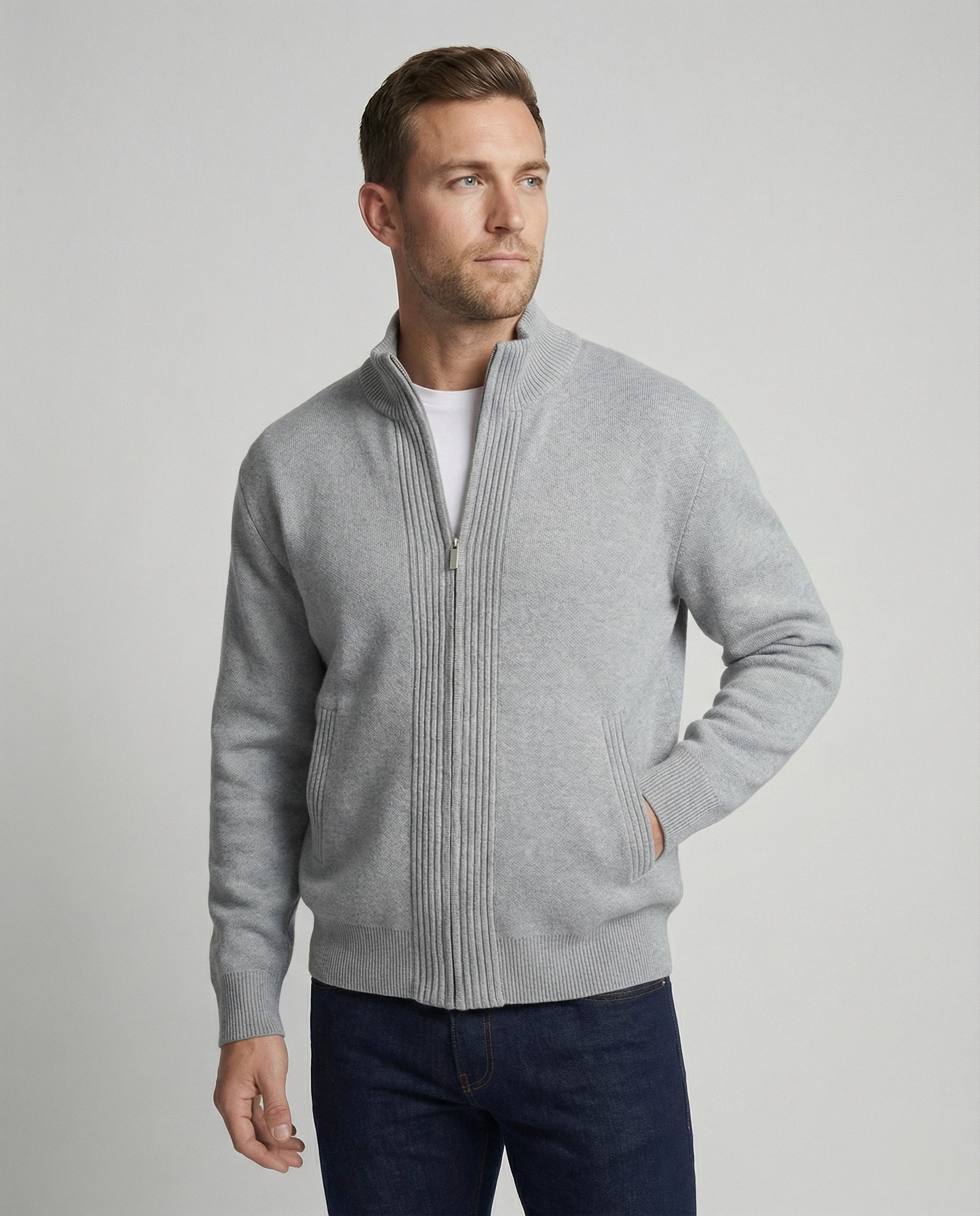 Herren Cardigan Strickjacke Grau Reißverschluss Herbst - BerlinGlamour