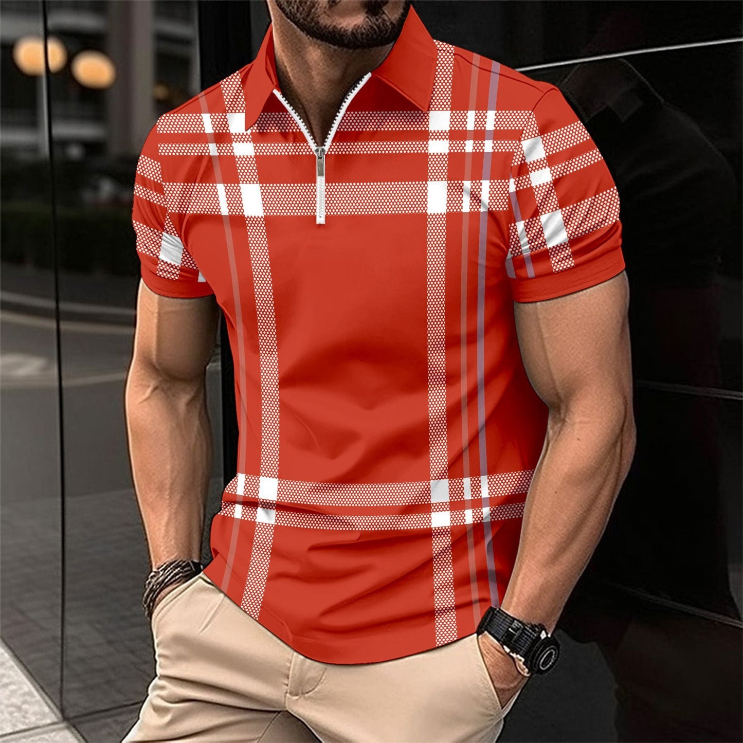 Herren Poloshirt Stehkragen Karomuster Modern