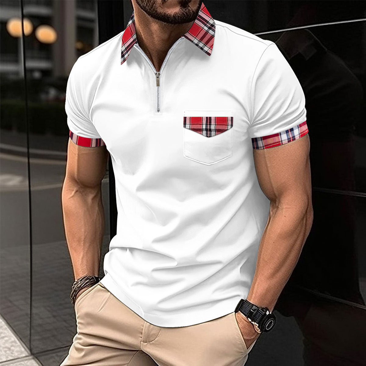 Herren Polo Hemd Kurzarm Karo Kragen Modern