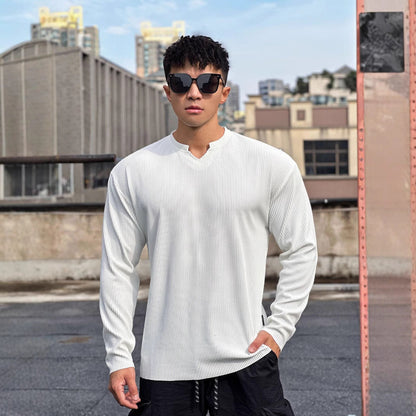Herren Langarmshirt Stehkragen Modern Rippdesign