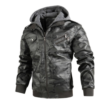 Lederjacke Herren Camouflage schwarz mit Kapuze und Innenfutter