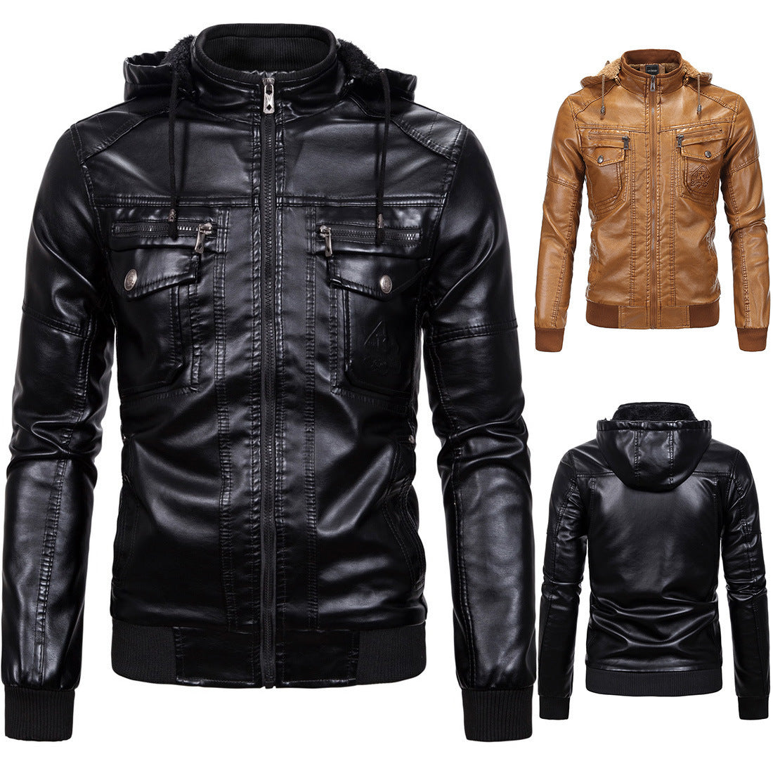 Herren Lederjacke Mit Kapuze Fleece Schwarz - BerlinGlamour