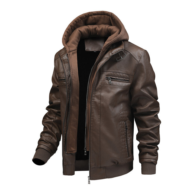 Lederjacke Herren mit abnehmbarer Kapuze Schwarz Ledermantel