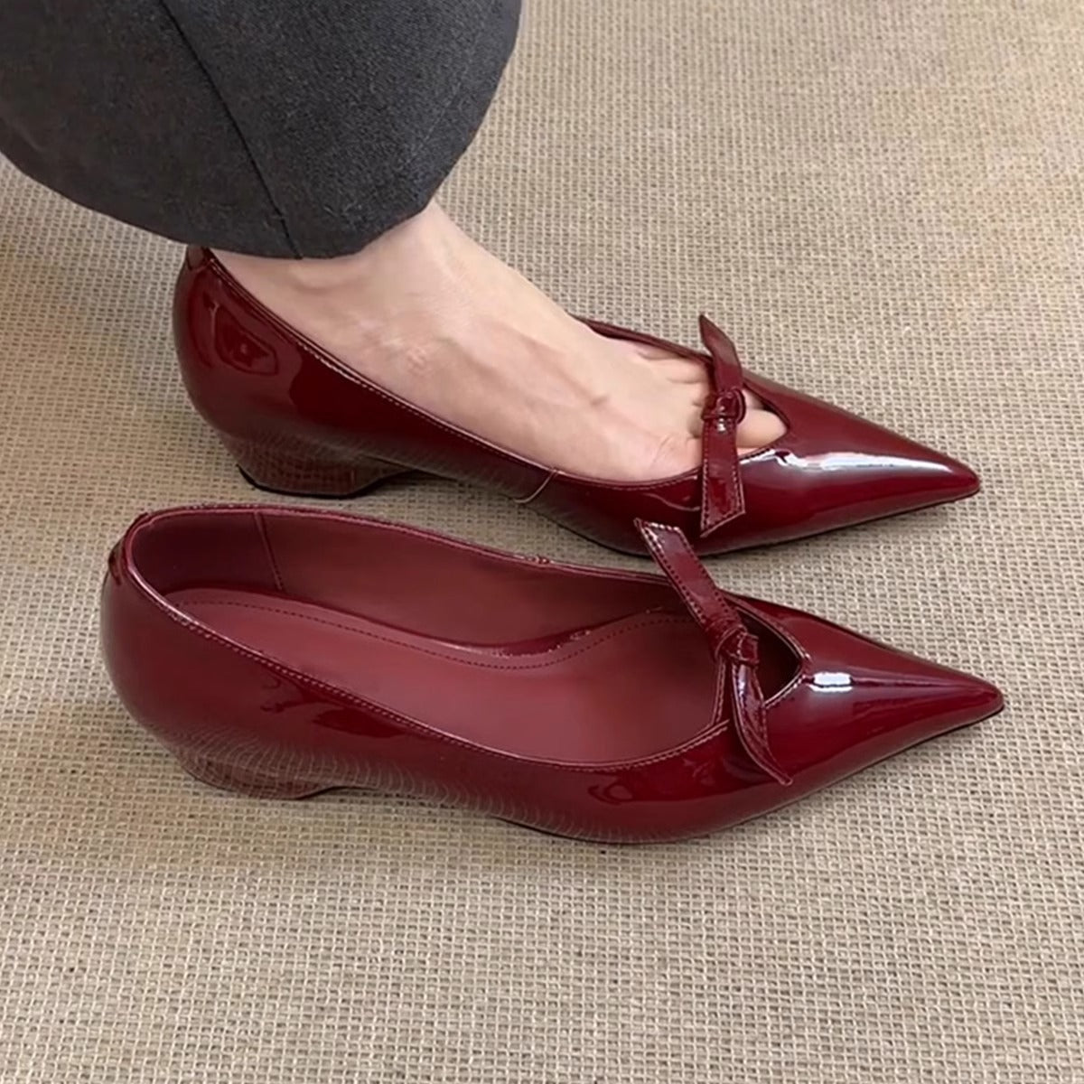 Damen Ballerinas Schlich Blockabsatz Spitze Komfort