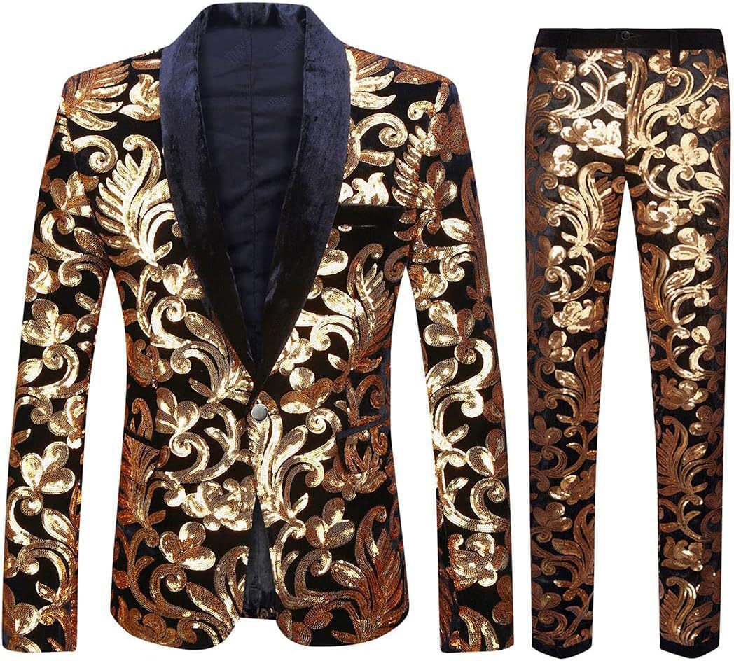 Herren Anzug Samt mit Pailletten Muster Elegant Schwarz