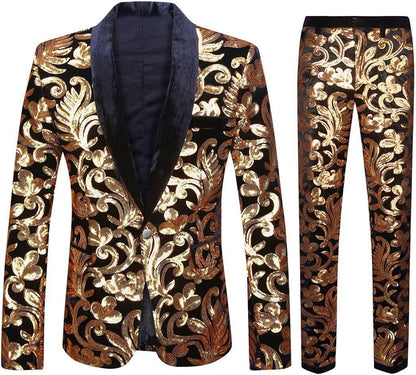 Herren Anzug Samt mit Pailletten Muster Elegant Schwarz
