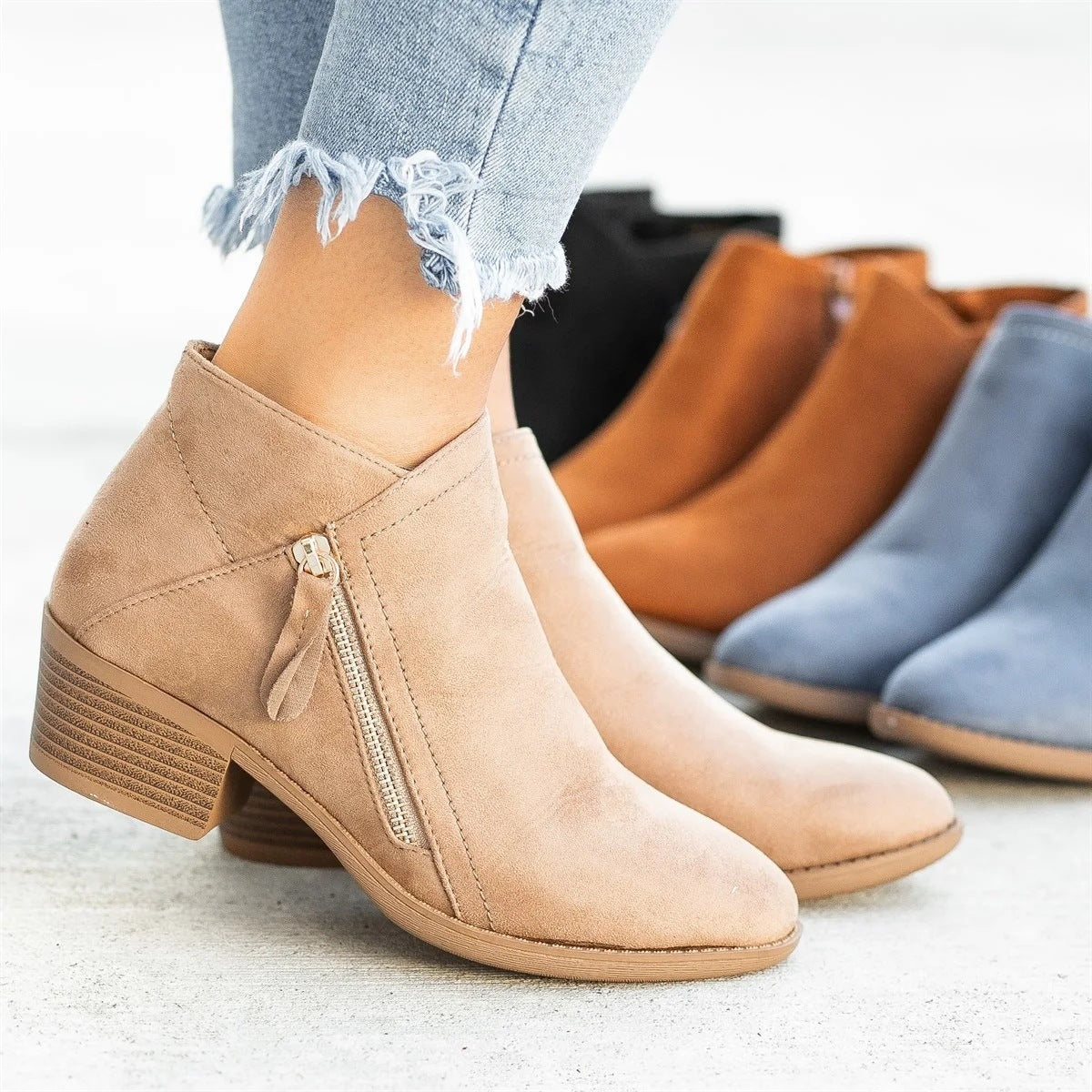 Damen Ankle Boots Blockabsatz Reißverschluss Komfort Schuhe - BerlinGlamour
