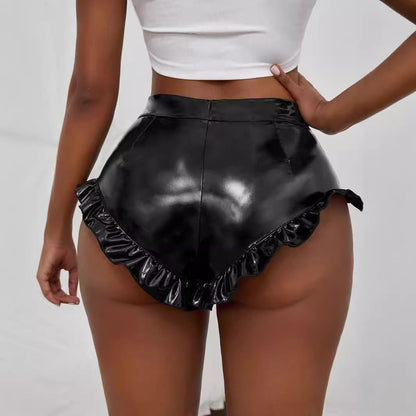 Damen Shorts Hochwertiges Kunstleder Rüschen Detail Höher Bund