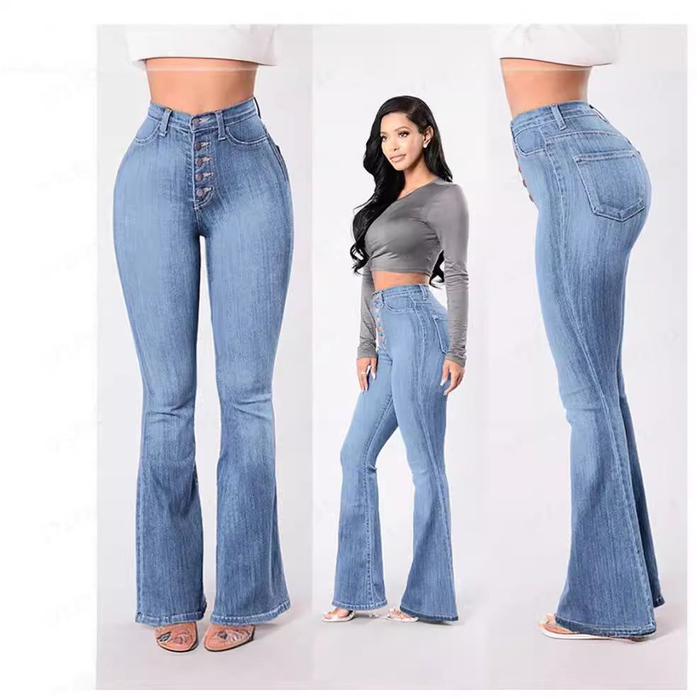Damen Jeans Bootcut Hochbund mit Knöpfen Modern - BerlinGlamour