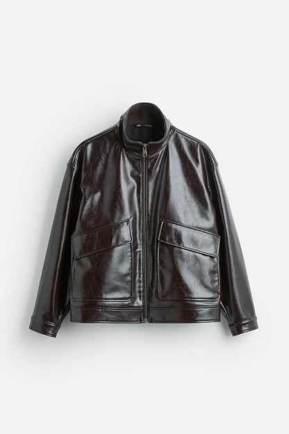 Herren Lederjacke Bikerstil mit Klappentaschen Schwarz