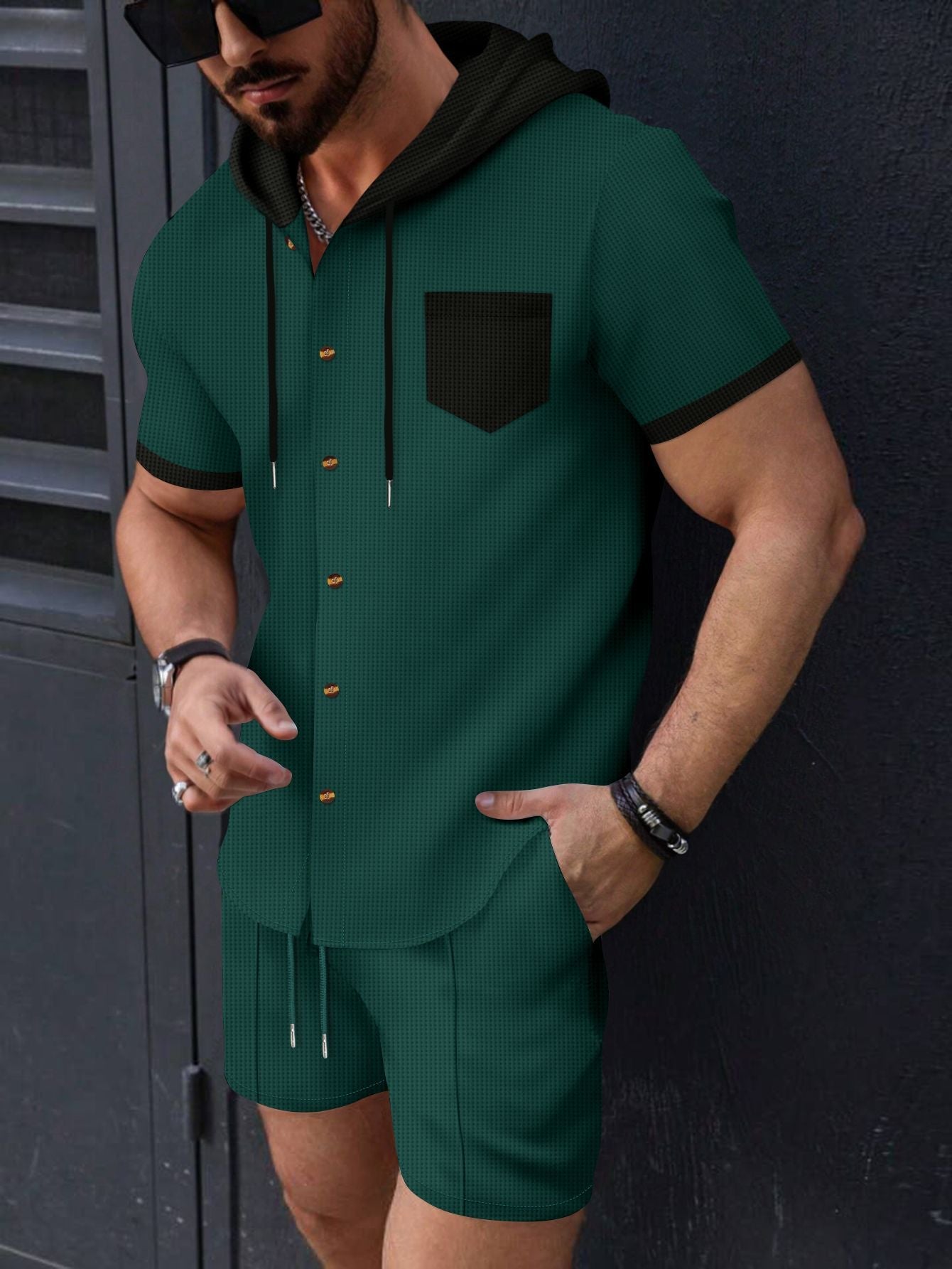 Herren Sportset Kurzarm Kapuze Taschen Funktionales