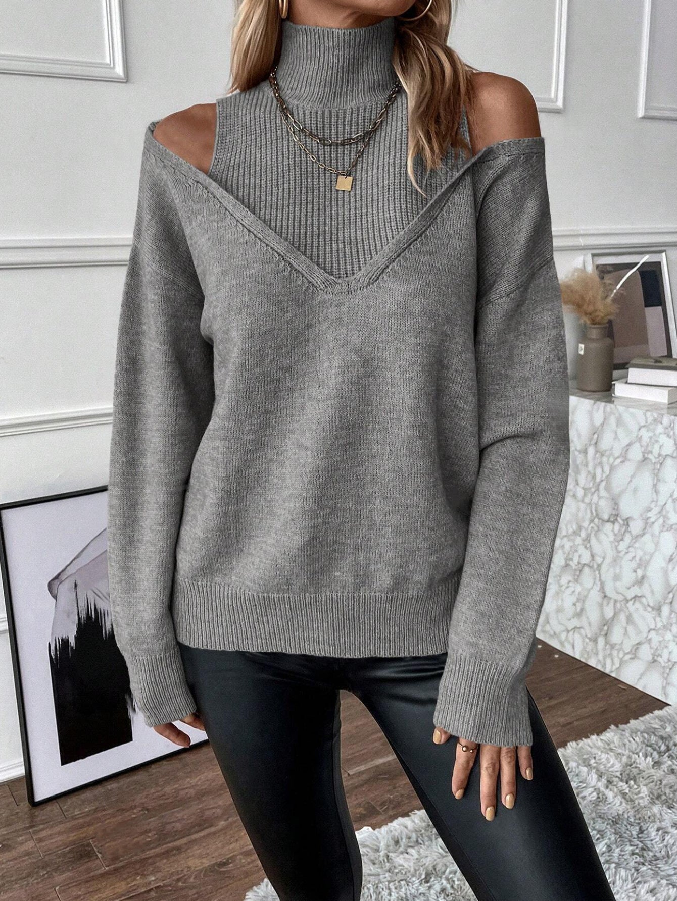 Damen Rollkragenpullover Off-Shoulder Strickweite Frauen