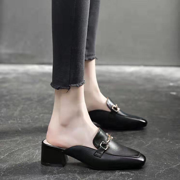 Damen Mules Schuhe mit Blockabsatz Schnalle Modern