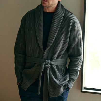 Herren Strickcardigan Modern mit Gürtel Tiefkragen