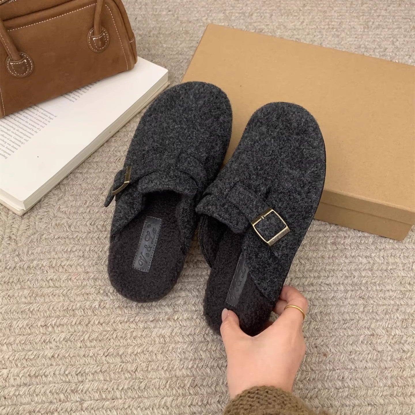 Damen Clogs Wollfilz Warm Schnalle Mode