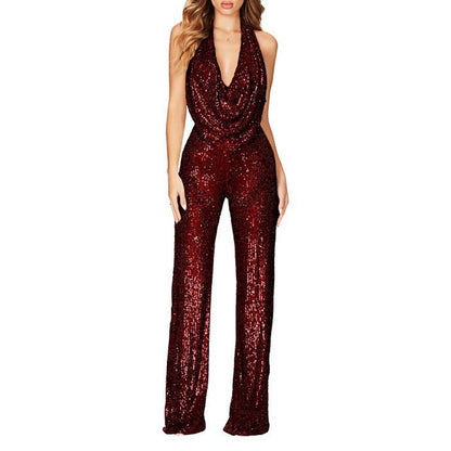 Damen Jumpsuit Glamourös mit Pailletten und V-Ausschnitt