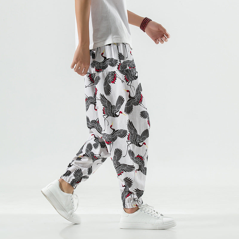 Herren Haremshose Lässig Atmungsaktiv Kranich-Muster Trendy