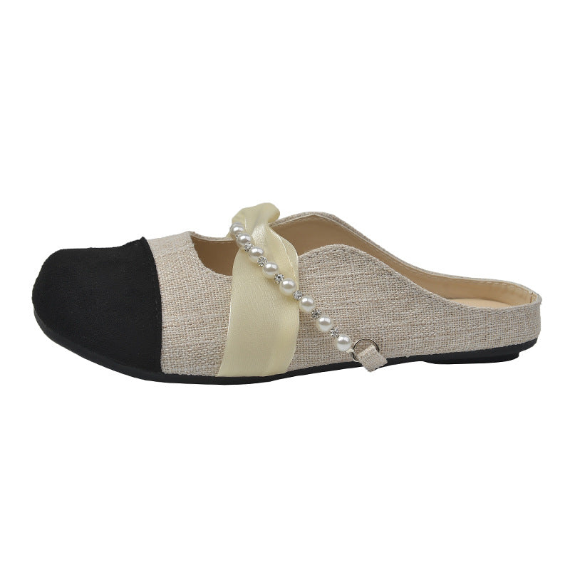 Damen Ballerina Schuhe Elegante Perlen Pantoletten