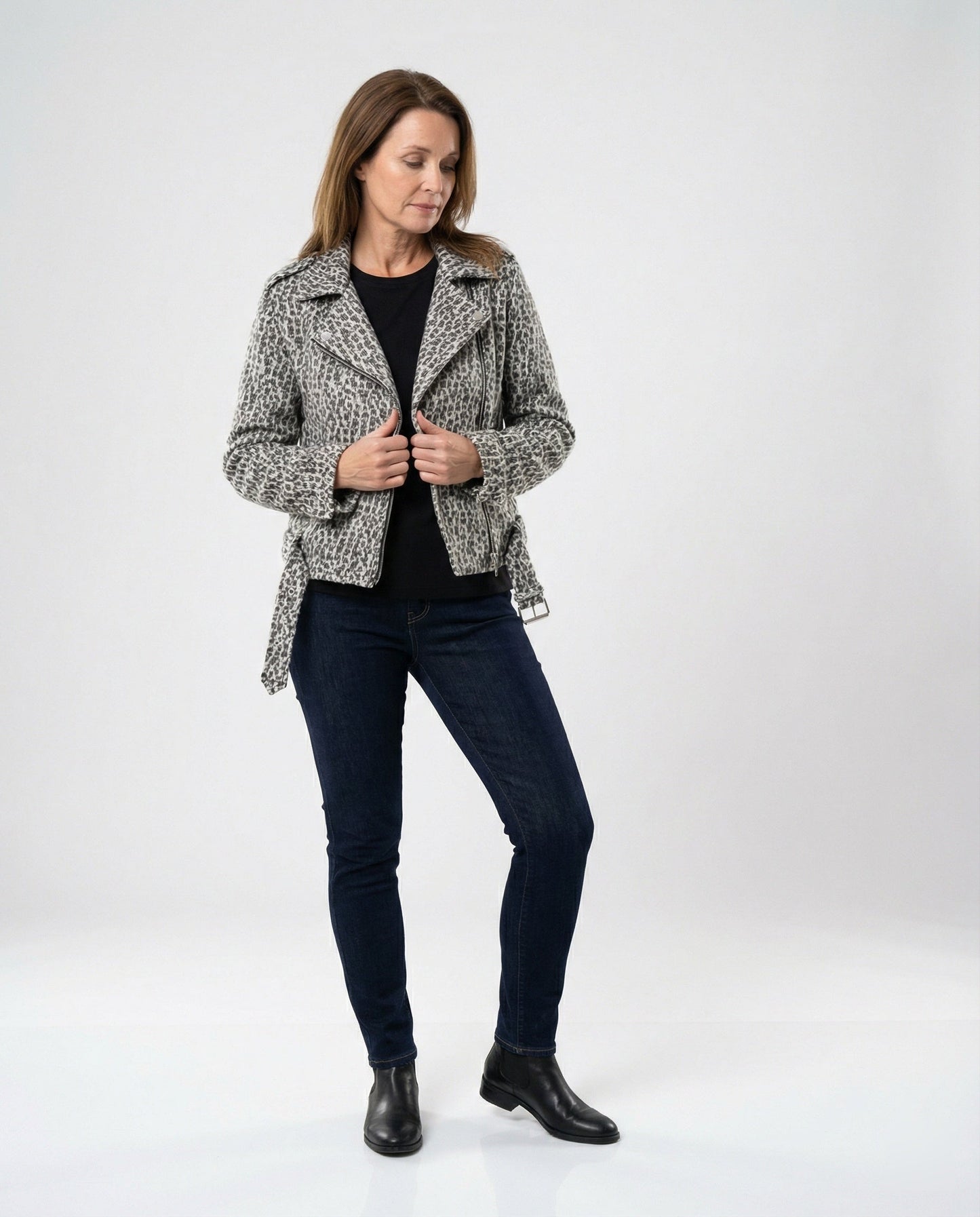 Ledermantel Damen Bikerjacke Tiermuster Slim Fit