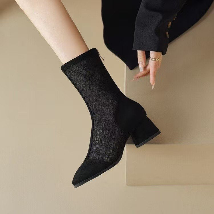 Damen Ankle Boots Spitze Blockabsatz Elegant Komfortabel