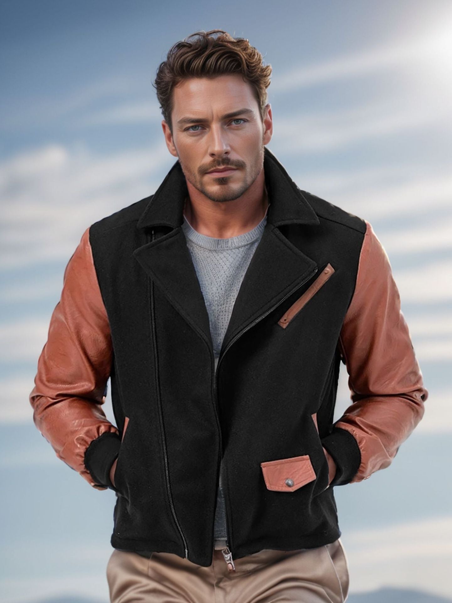 Herren Lederjacke Bikerstyle Kontrastärmel Schwarz