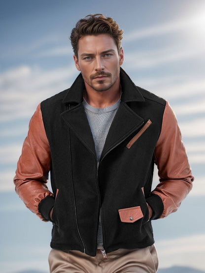 Herren Lederjacke Bikerstyle Kontrastärmel Schwarz