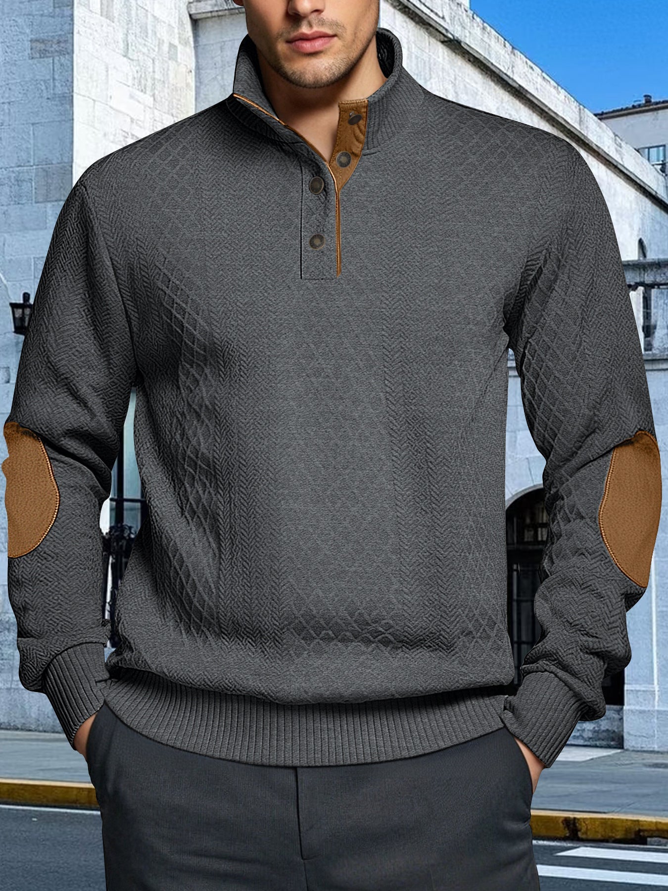 Herren Strickpullover Strukturiert Leder Patches Modern
