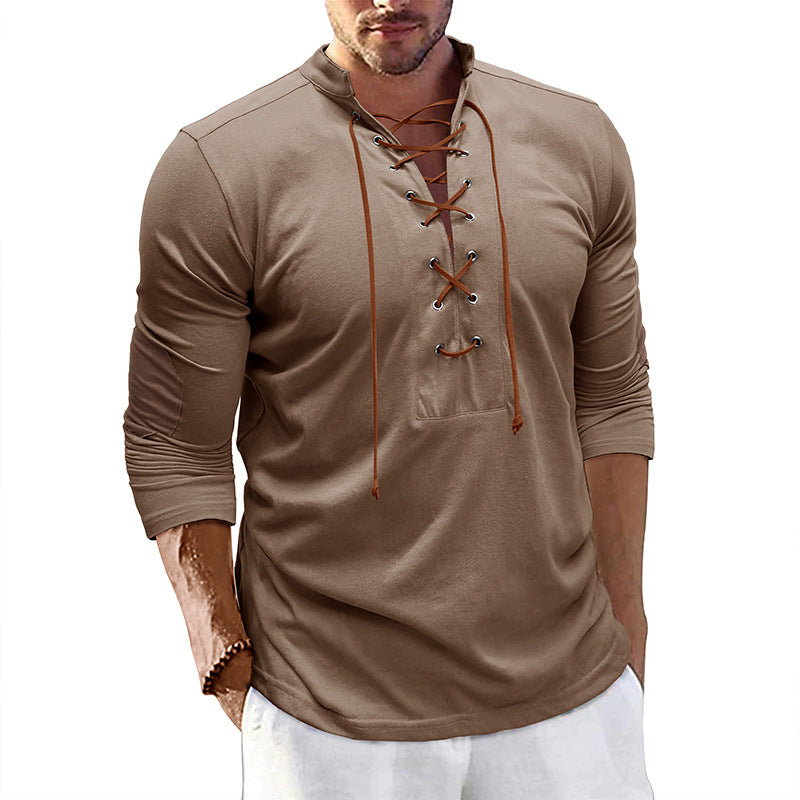 Herren Langarmshirt Modern mit Schnürung und V-Ausschnitt - BerlinGlamour