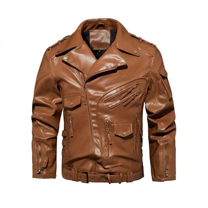 Leder Bikerjacke Herren mit Reißverschlusstaschen Gürtel Detail Schwarz