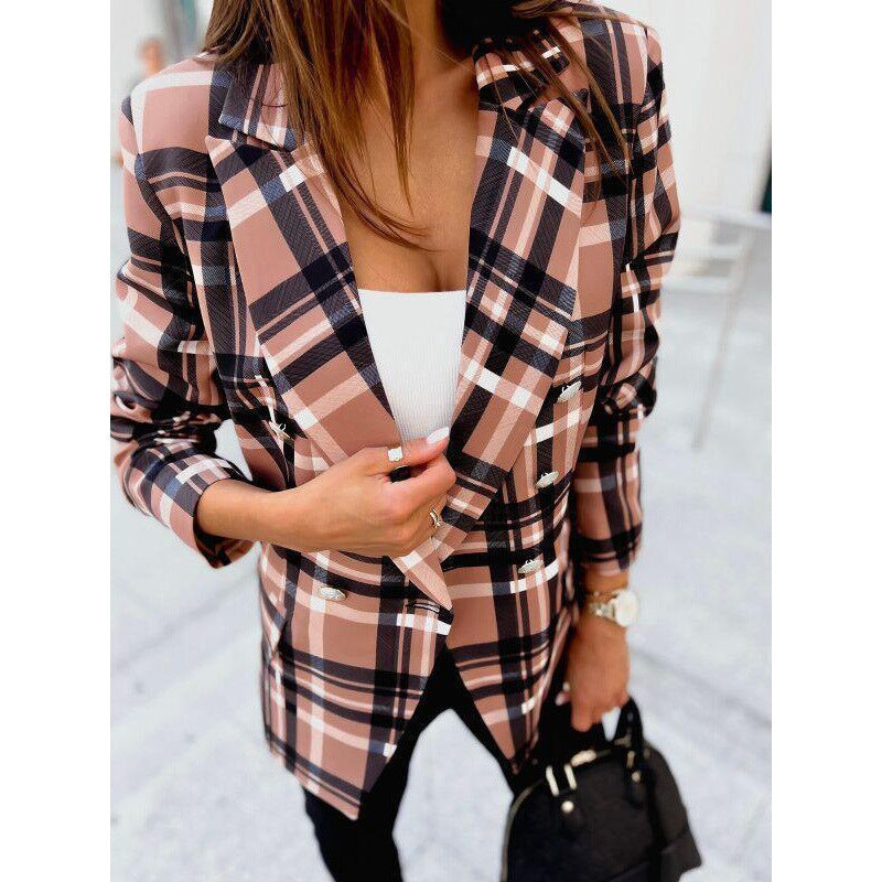 Damen Blazer Karierter Doppelreiher Elegant Modern