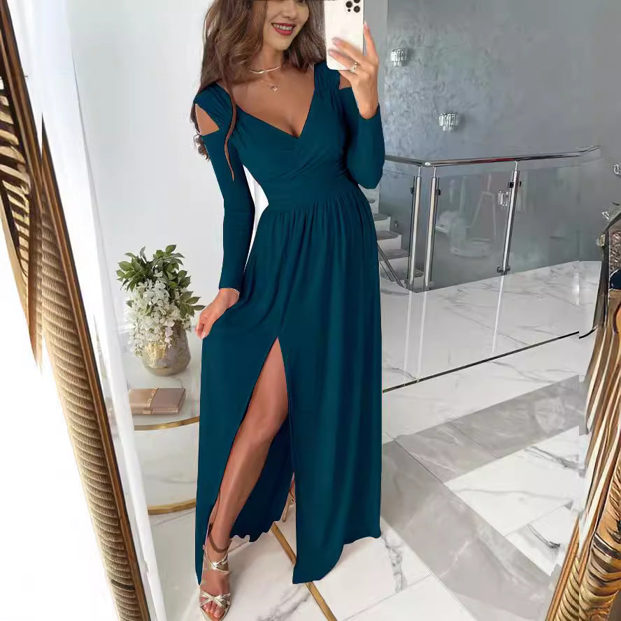 Elegantes Damen Maxikleid mit V-Ausschnitt und Seitenschlitz