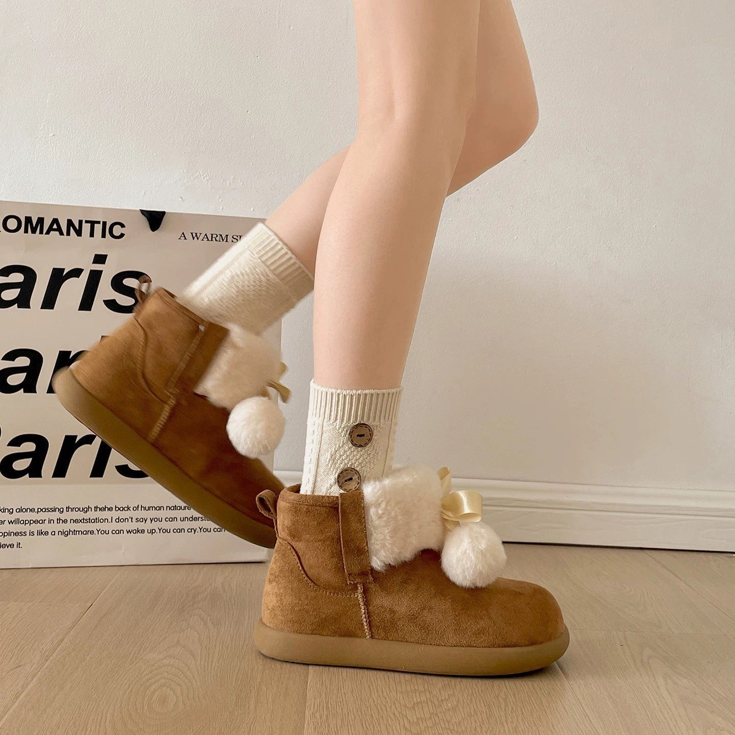 Damen Winterstiefel Warm Flauschig mit Pompon