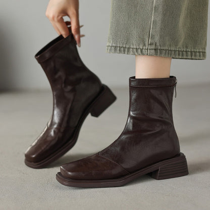 Damen Stiefeletten Blockabsatz Leder Schwarz Modern