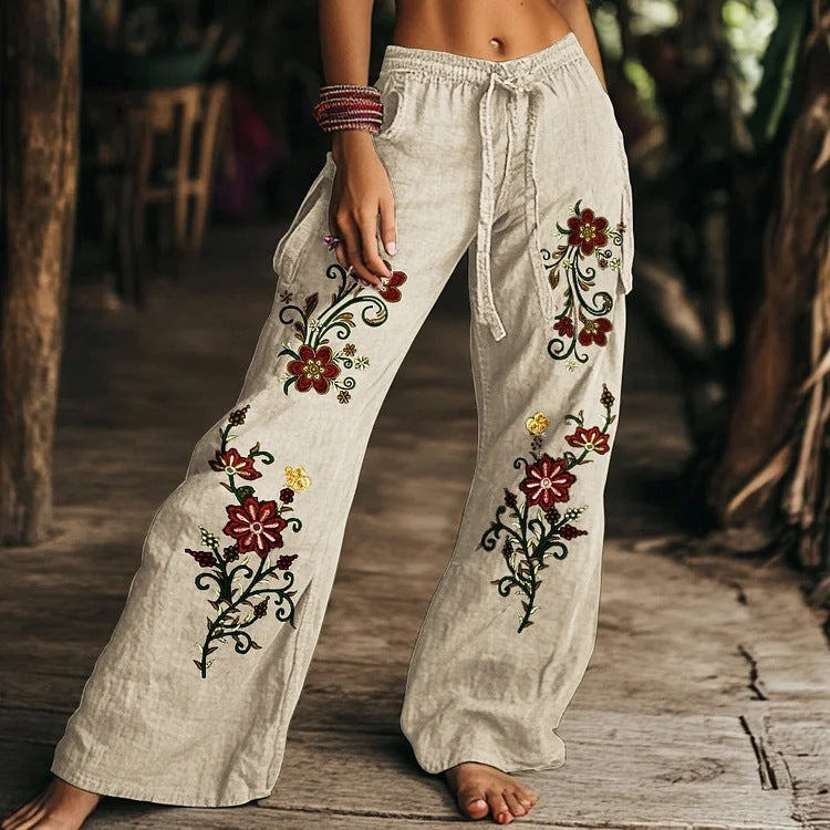 Damen Leinenhose Weit Bequem Blumenmuster Sommer