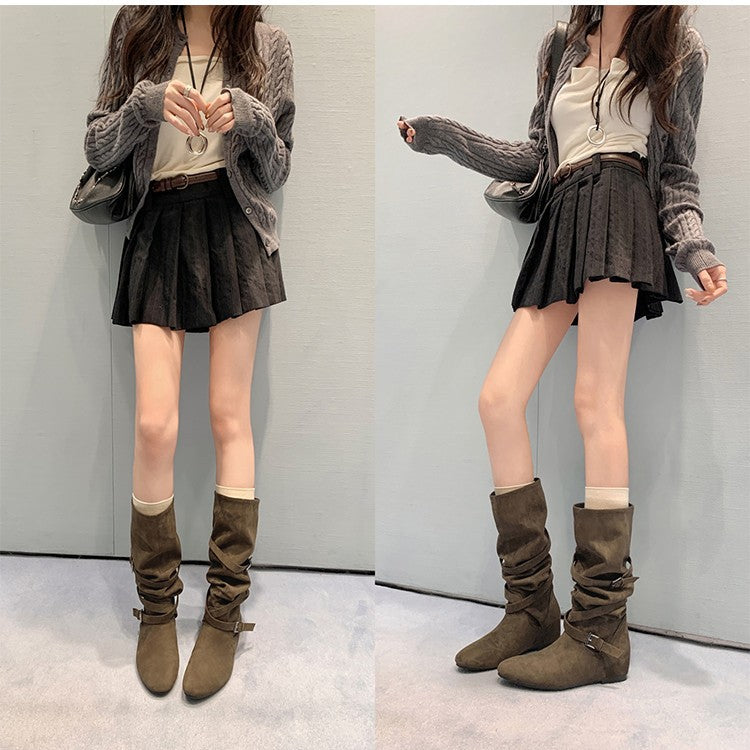 Damen Overknee Stiefel Elegante Wildleder Schnalle Schuhe