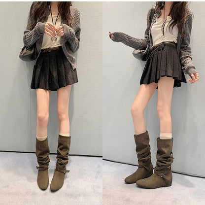 Damen Overknee Stiefel Elegante Wildleder Schnalle Schuhe