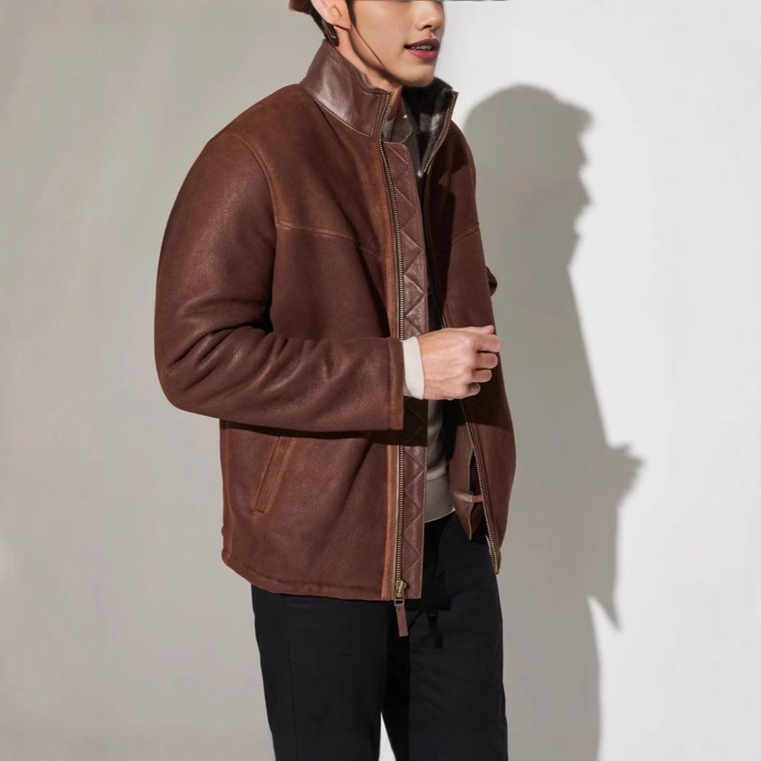 Herren Lederjacke Elegant Steppdesign Schwarz Ledermantel