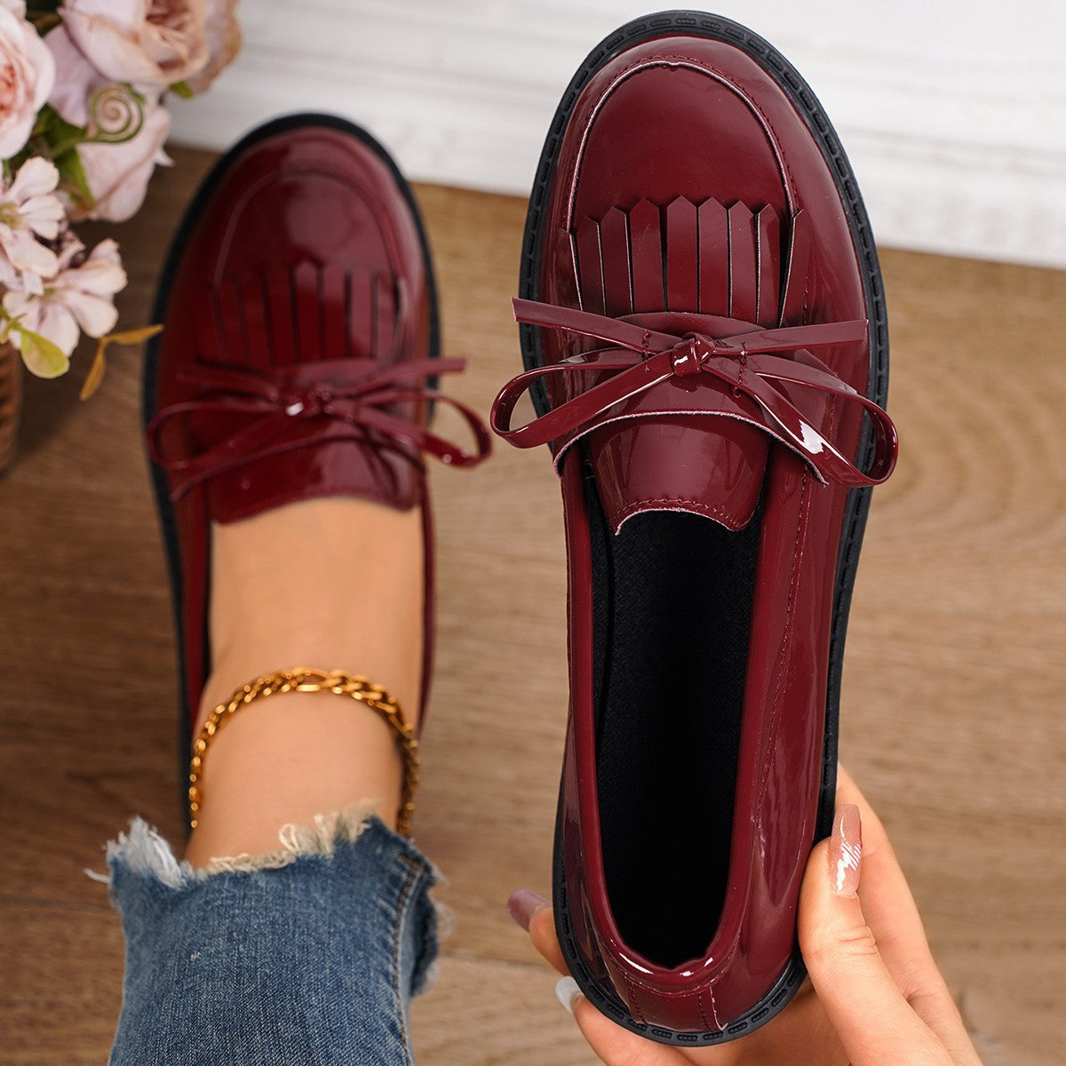 Damen Loafers Elegantes Design Lackleder Schleife