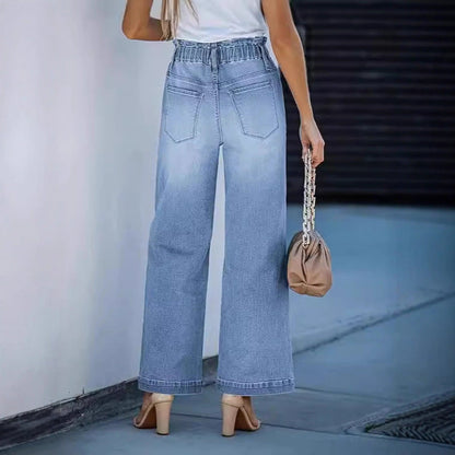 Damen High-Waist Jeans Weite Bein Elastisch Komfortabel