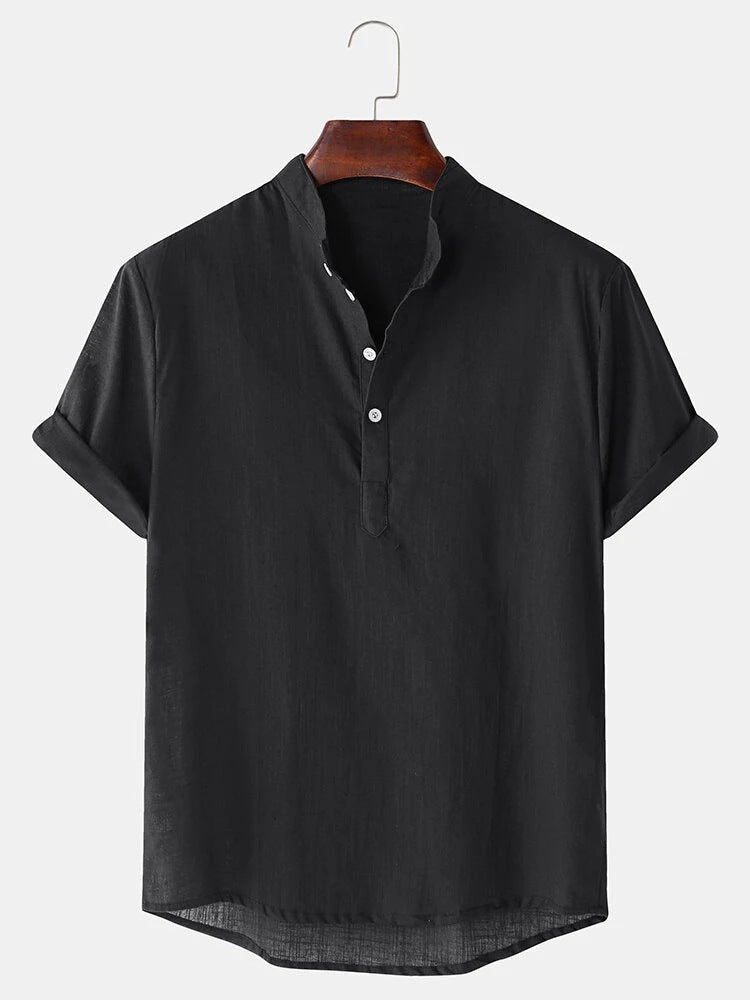 Herren Hemd Kurzarm Modern Henley Ausschnitt Baumwolle